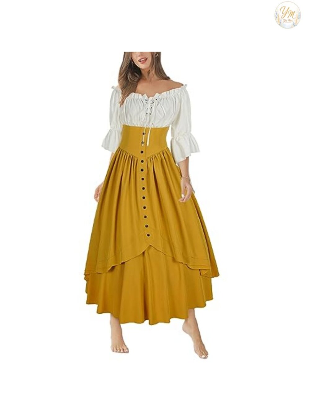 Medieval Renaissance Costume Set Off Shoulder Top High Waist Skirt